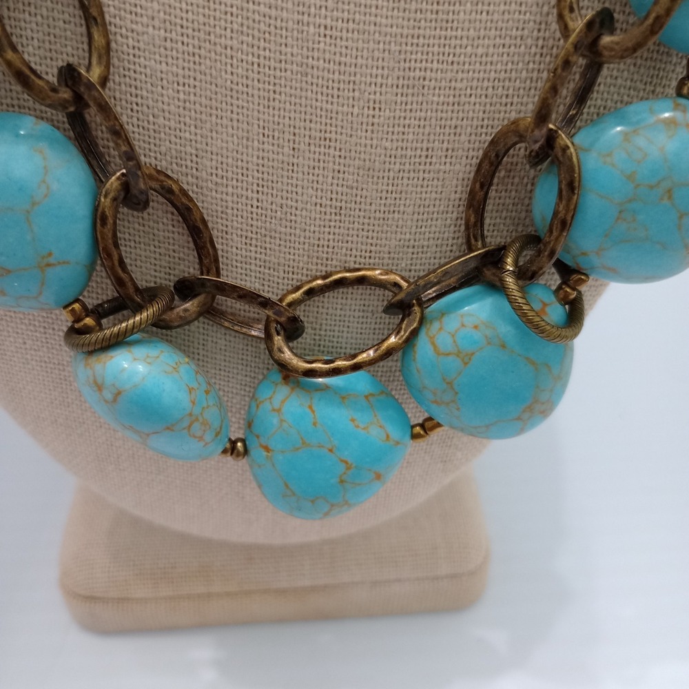 Premier Designs Turquoise Statement Necklace Gold Tone Signed - Picture 3 of 9